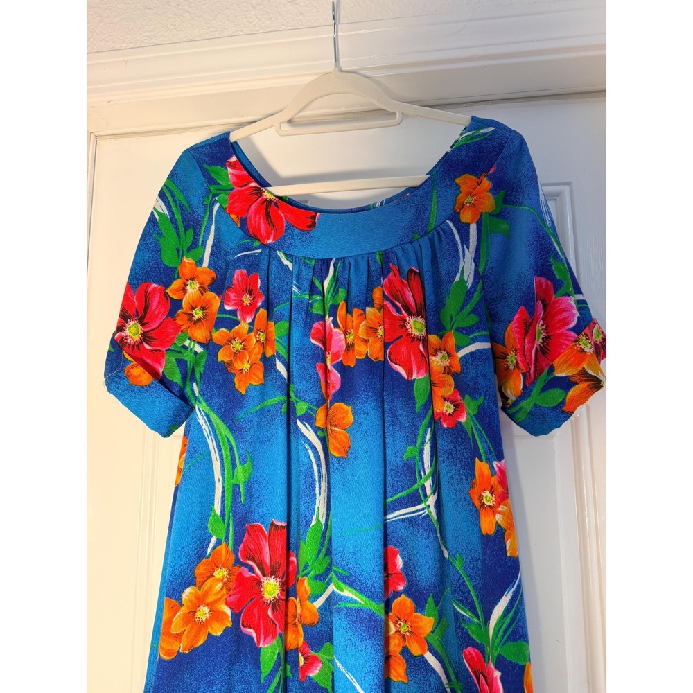 Vintage 70s Blue Floral Muumuu Dress Hawaiian Hibiscus Maxi Retro Boho Tropical